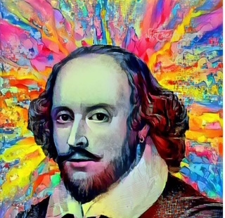 A portrait of William Shakespeare, with a colourful pattern applied to it